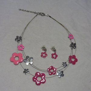 Silvertone & Pink Enamel Flowers on Wire  Earrings